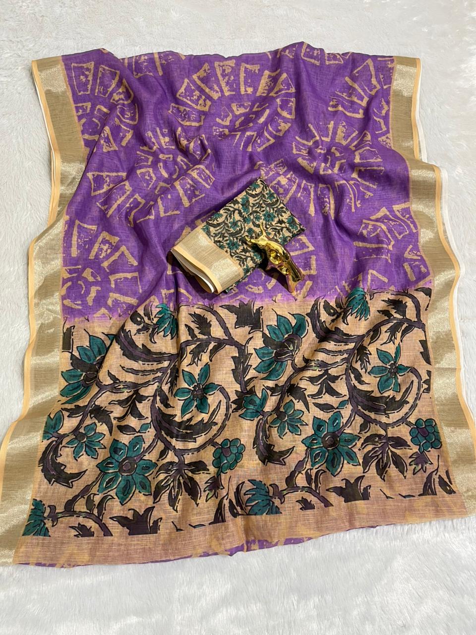 Lavender Linen Cotton Saree with Silver Zari Border, Graphic Digital Print Body & Kalamkari Floral Pallu