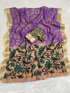 Lavender Linen Cotton Saree with Silver Zari Border, Graphic Digital Print Body & Kalamkari Floral Pallu