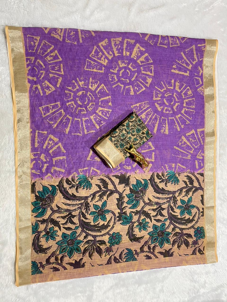 Lavender Linen Cotton Saree with Silver Zari Border, Graphic Digital Print Body & Kalamkari Floral Pallu