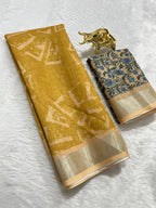 Mustard Linen Cotton Saree with Silver Zari Border, Graphic Digital Print Body & Kalamkari Floral Pallu