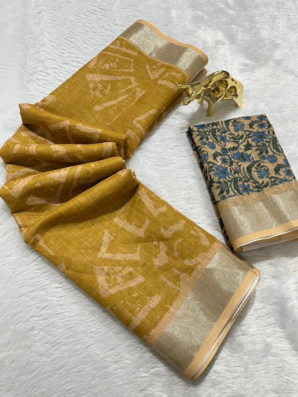 Mustard Linen Cotton Saree with Silver Zari Border, Graphic Digital Print Body & Kalamkari Floral Pallu