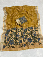 Mustard Linen Cotton Saree with Silver Zari Border, Graphic Digital Print Body & Kalamkari Floral Pallu