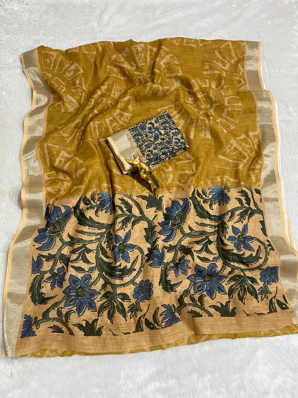 Mustard Linen Cotton Saree with Silver Zari Border, Graphic Digital Print Body & Kalamkari Floral Pallu