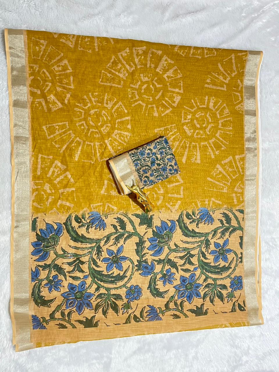 Mustard Linen Cotton Saree with Silver Zari Border, Graphic Digital Print Body & Kalamkari Floral Pallu