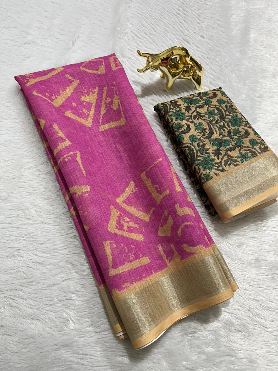 Pink Linen Cotton Saree with Silver Zari Border, Graphic Digital Print Body & Kalamkari Floral Pallu