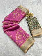 Pink Linen Cotton Saree with Silver Zari Border, Graphic Digital Print Body & Kalamkari Floral Pallu