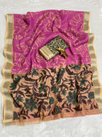Pink Linen Cotton Saree with Silver Zari Border, Graphic Digital Print Body & Kalamkari Floral Pallu