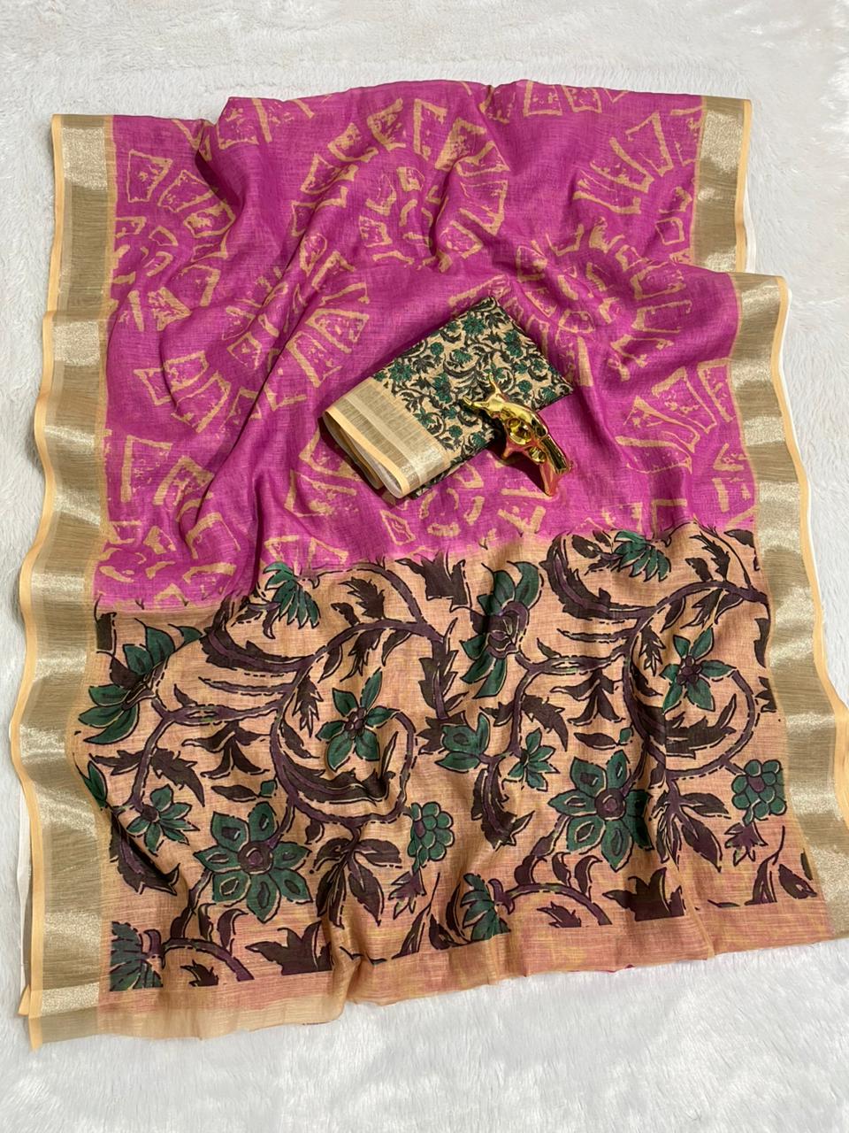 Pink Linen Cotton Saree with Silver Zari Border, Graphic Digital Print Body & Kalamkari Floral Pallu