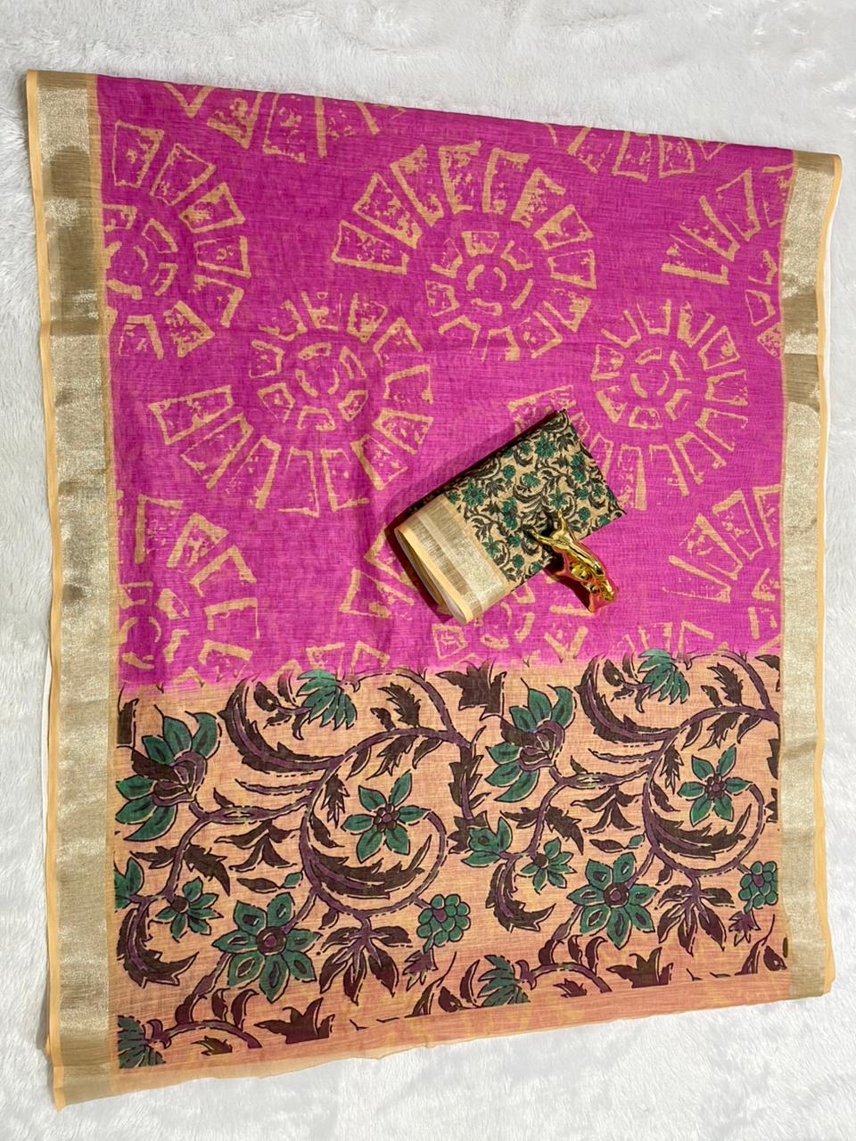 Pink Linen Cotton Saree with Silver Zari Border, Graphic Digital Print Body & Kalamkari Floral Pallu