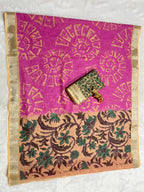 Pink Linen Cotton Saree with Silver Zari Border, Graphic Digital Print Body & Kalamkari Floral Pallu