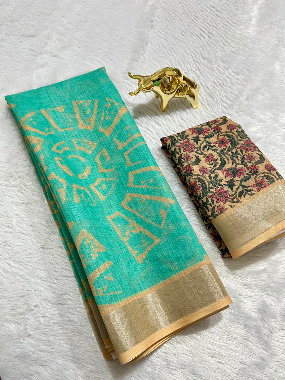 Rama Linen Cotton Saree with Silver Zari Border, Graphic Digital Print Body & Kalamkari Floral Pallu