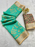 Rama Linen Cotton Saree with Silver Zari Border, Graphic Digital Print Body & Kalamkari Floral Pallu