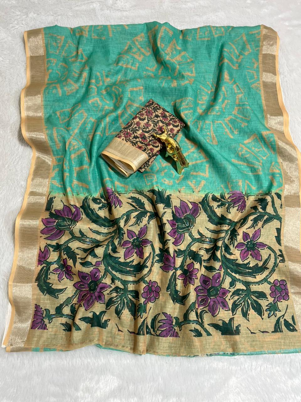 Rama Linen Cotton Saree with Silver Zari Border, Graphic Digital Print Body & Kalamkari Floral Pallu