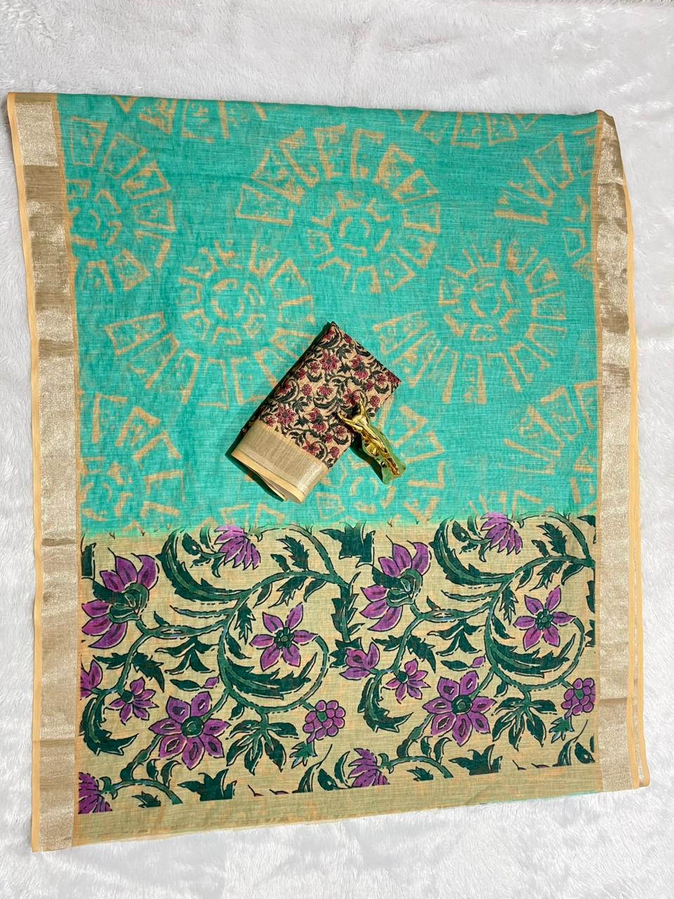 Rama Linen Cotton Saree with Silver Zari Border, Graphic Digital Print Body & Kalamkari Floral Pallu