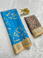 Blue Linen Cotton Saree with Silver Zari Border, Graphic Digital Print Body & Kalamkari Floral Pallu