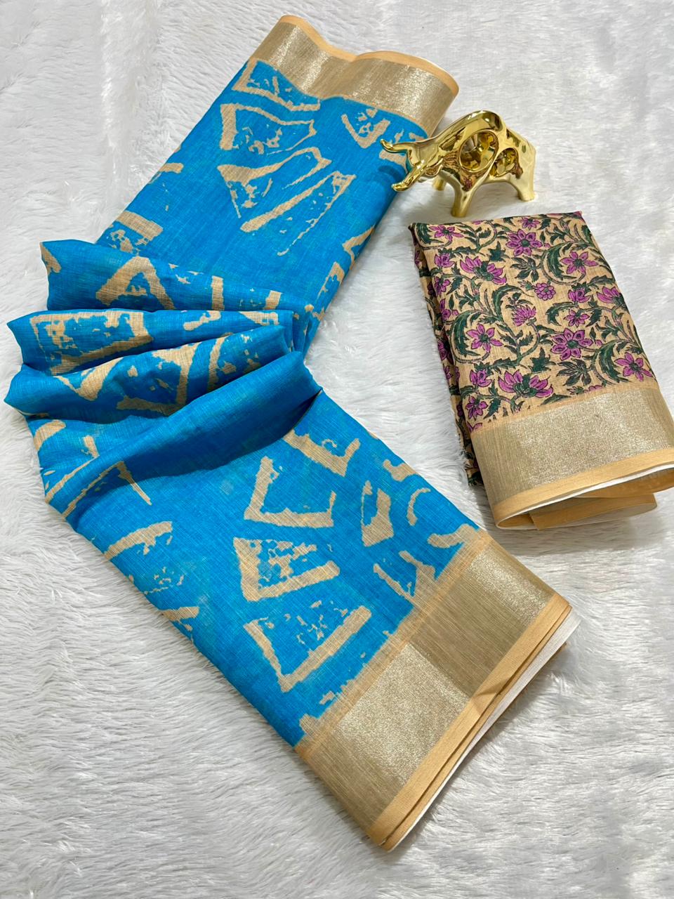 Blue Linen Cotton Saree with Silver Zari Border, Graphic Digital Print Body & Kalamkari Floral Pallu