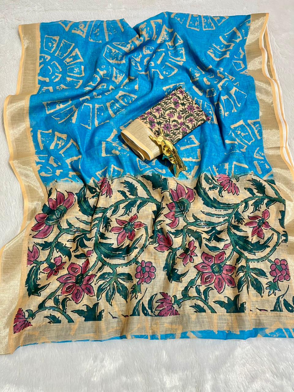 Blue Linen Cotton Saree with Silver Zari Border, Graphic Digital Print Body & Kalamkari Floral Pallu