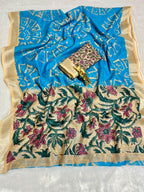 Blue Linen Cotton Saree with Silver Zari Border, Graphic Digital Print Body & Kalamkari Floral Pallu