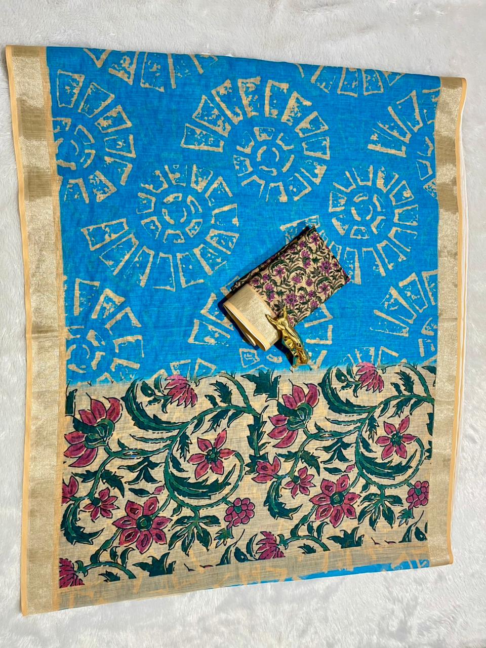 Blue Linen Cotton Saree with Silver Zari Border, Graphic Digital Print Body & Kalamkari Floral Pallu