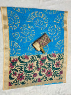 Blue Linen Cotton Saree with Silver Zari Border, Graphic Digital Print Body & Kalamkari Floral Pallu