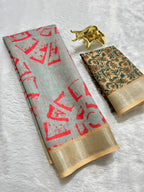 Grey Linen Cotton Saree with Silver Zari Border, Graphic Digital Print Body & Kalamkari Floral Pallu
