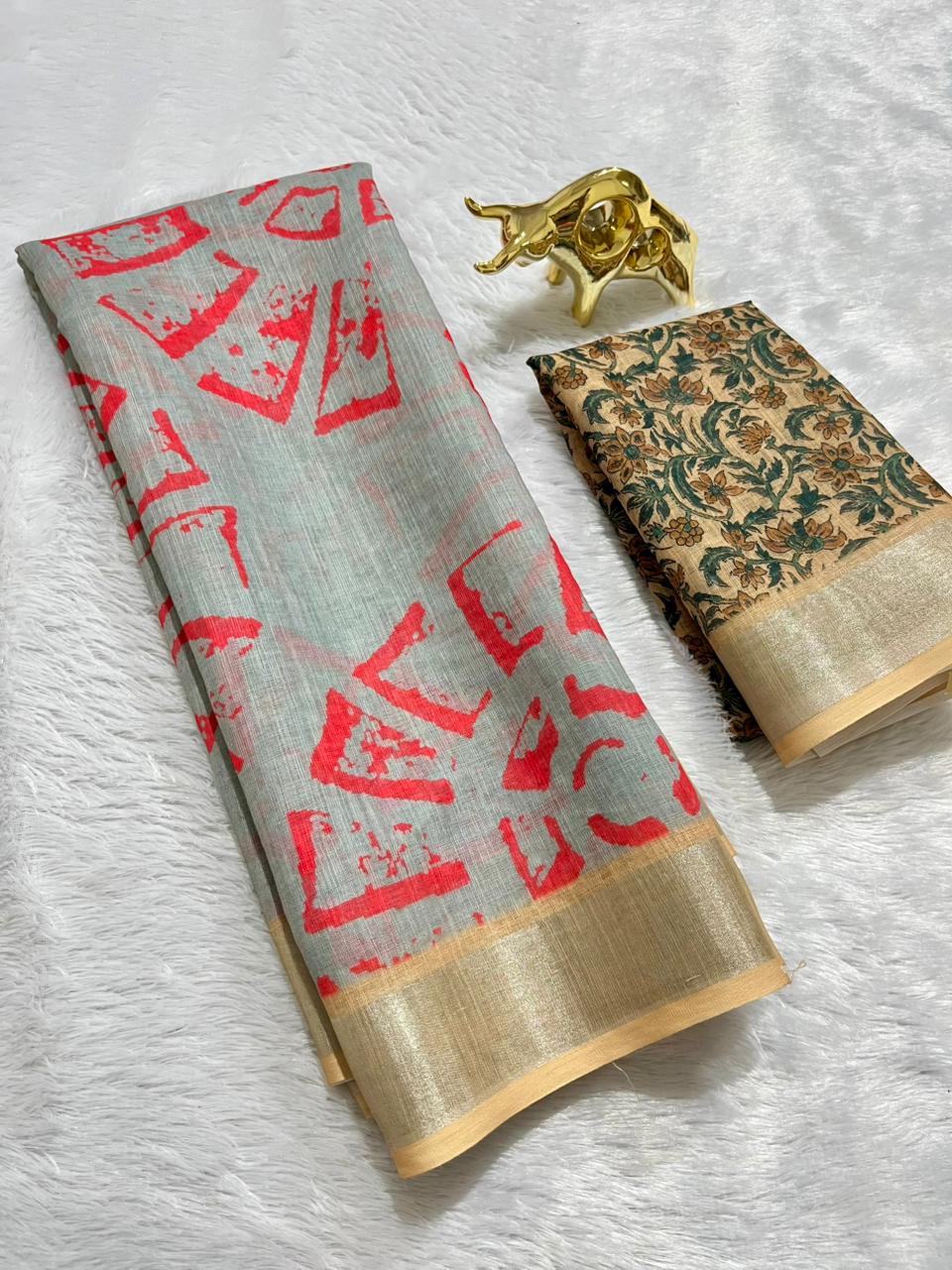 Grey Linen Cotton Saree with Silver Zari Border, Graphic Digital Print Body & Kalamkari Floral Pallu