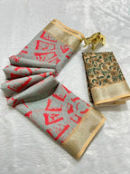 Grey Linen Cotton Saree with Silver Zari Border, Graphic Digital Print Body & Kalamkari Floral Pallu