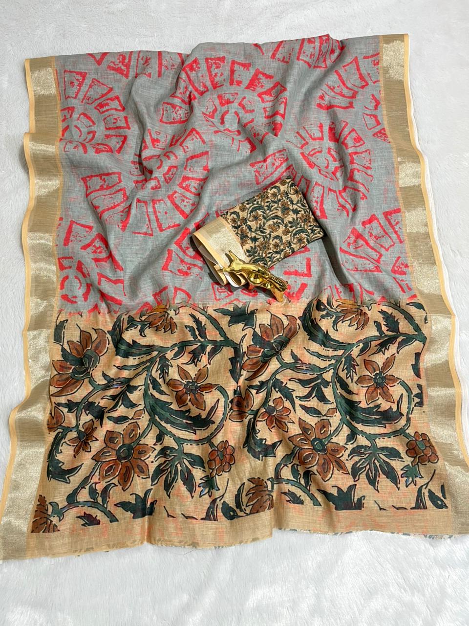 Grey Linen Cotton Saree with Silver Zari Border, Graphic Digital Print Body & Kalamkari Floral Pallu