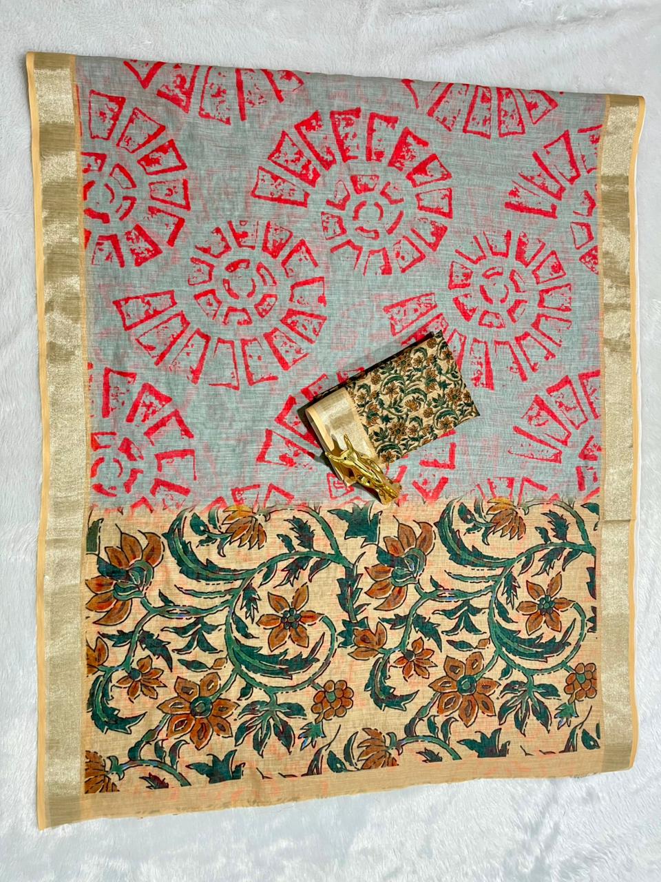 Grey Linen Cotton Saree with Silver Zari Border, Graphic Digital Print Body & Kalamkari Floral Pallu