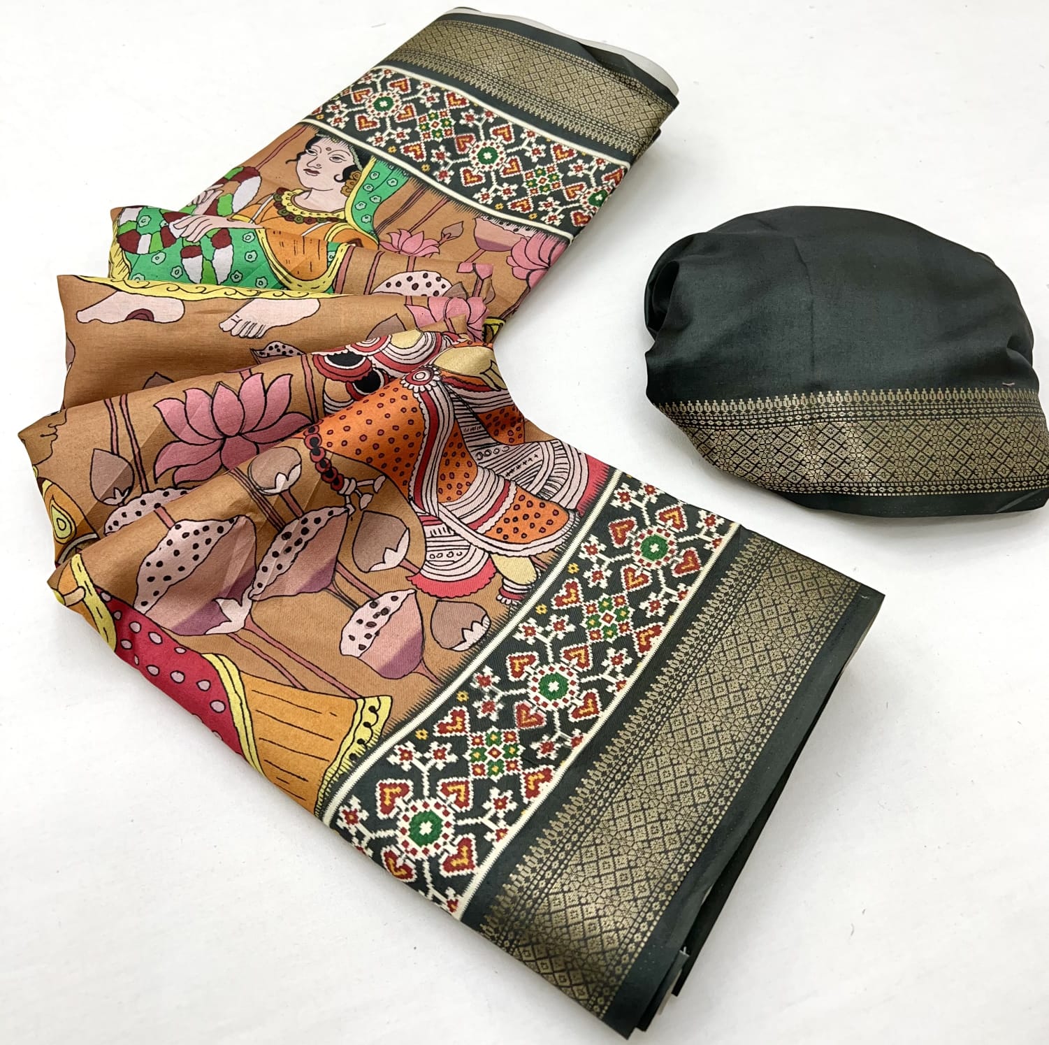 Rust Soft Tussar Silk Saree with Pen Kalamkari Digital Prints