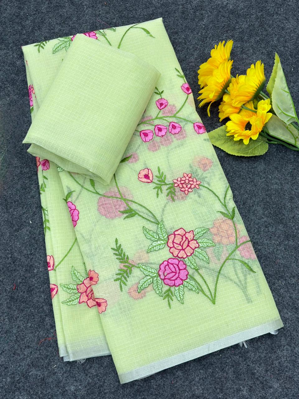 Green Pure Kota Doriya Saree with Silver Zari Border & Floral Embroidery
