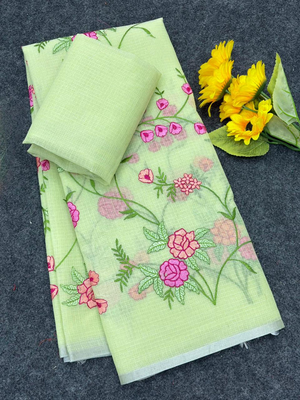 Green Pure Kota Doriya Saree with Silver Zari Border & Floral Embroidery