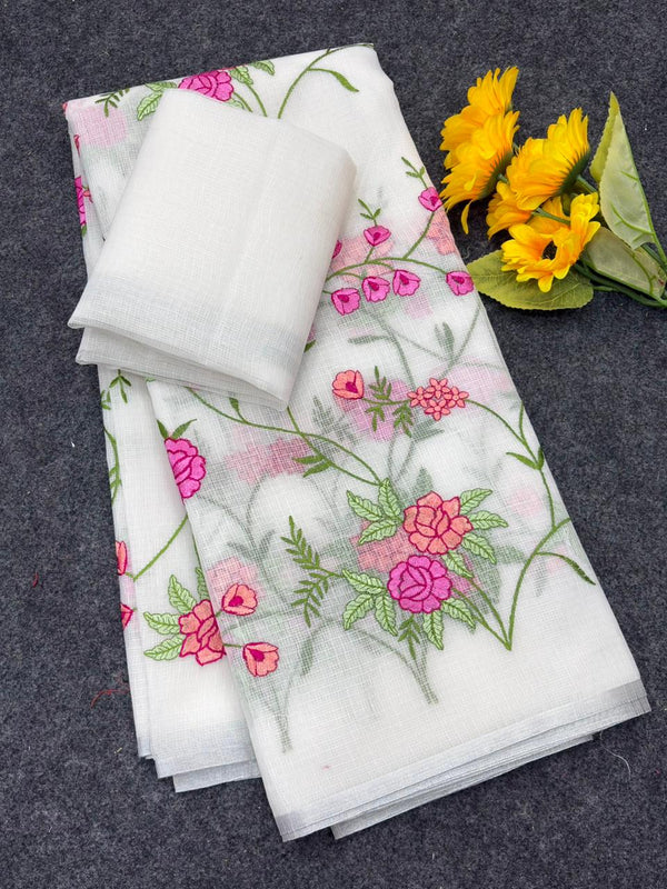 White Pure Kota Doriya Saree with Silver Zari Border & Floral Embroidery