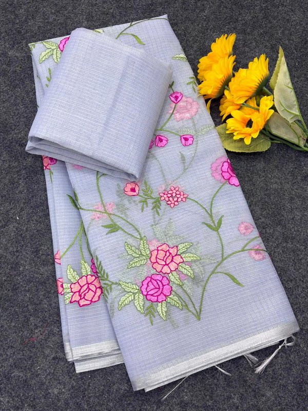 Grey Pure Kota Doriya Saree with Silver Zari Border & Floral Embroidery