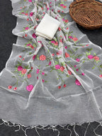 White Pure Kota Doriya Saree with Silver Zari Border & Floral Embroidery