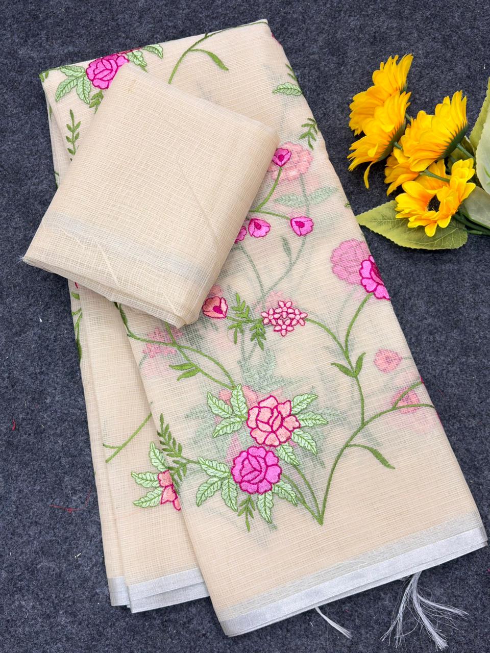 Cream Pure Kota Doriya Saree with Silver Zari Border & Floral Embroidery