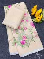 Cream Pure Kota Doriya Saree with Silver Zari Border & Floral Embroidery