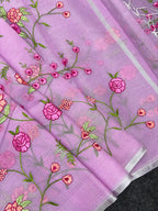 Pink Pure Kota Doriya Saree with Silver Zari Border & Floral Embroidery
