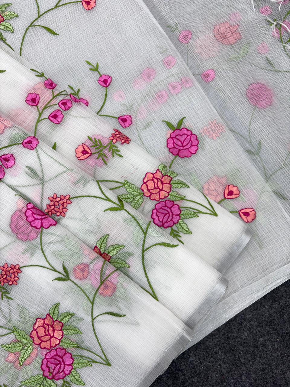White Pure Kota Doriya Saree with Silver Zari Border & Floral Embroidery