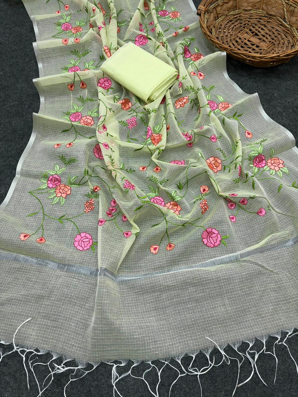 Green Pure Kota Doriya Saree with Silver Zari Border & Floral Embroidery