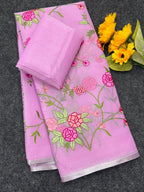 Pink Pure Kota Doriya Saree with Silver Zari Border & Floral Embroidery