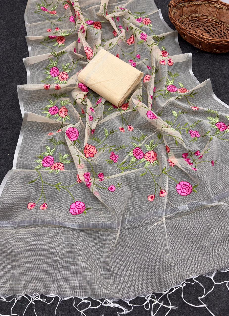 Cream Pure Kota Doriya Saree with Silver Zari Border & Floral Embroidery