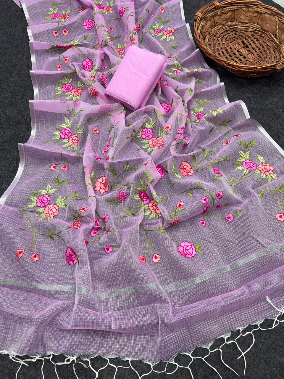 Pink Pure Kota Doriya Saree with Silver Zari Border & Floral Embroidery