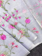Grey Pure Kota Doriya Saree with Silver Zari Border & Floral Embroidery