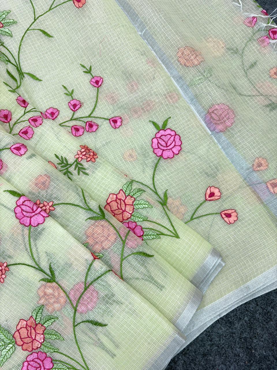 Green Pure Kota Doriya Saree with Silver Zari Border & Floral Embroidery