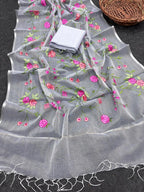 Grey Pure Kota Doriya Saree with Silver Zari Border & Floral Embroidery