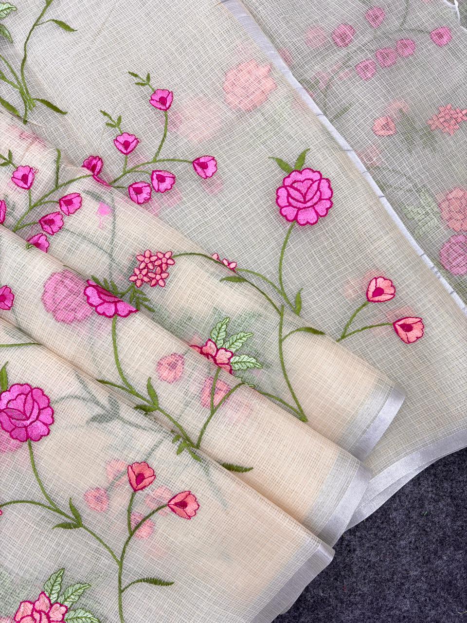 Cream Pure Kota Doriya Saree with Silver Zari Border & Floral Embroidery