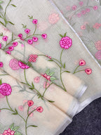 Cream Pure Kota Doriya Saree with Silver Zari Border & Floral Embroidery