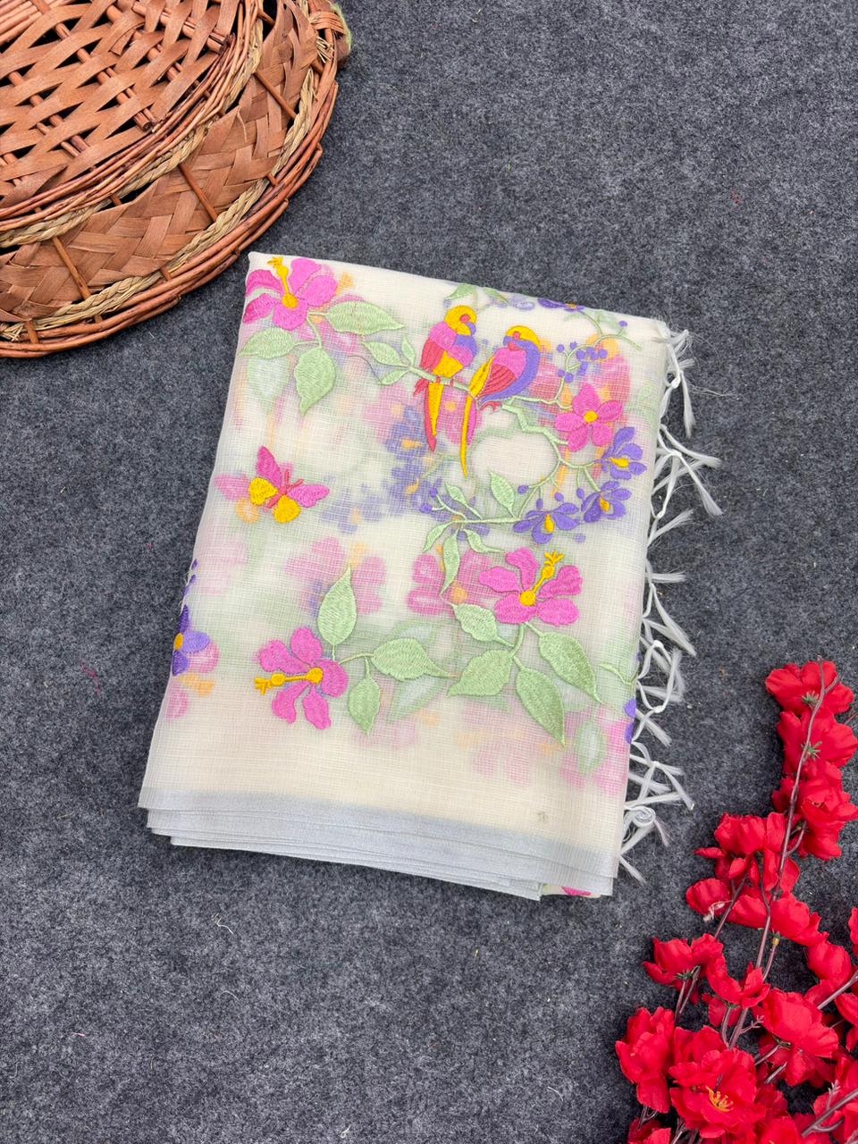 White Pure Kota Doriya Saree with Silver Zari Border & Heavy Embroidery