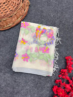 White Pure Kota Doriya Saree with Silver Zari Border & Heavy Embroidery